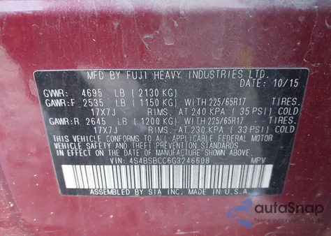 2016 Subaru Outback 2.5I Premium из США, поврежденный, VIN 4S4BSBCC6G3246608